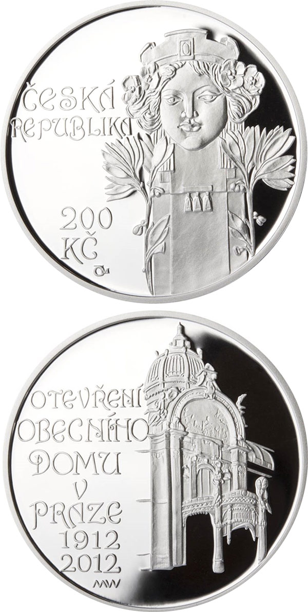 Image of 200 koruna coin - Opening of Municipal house in Prague | Czech Republic 2012.  The Silver coin is of Proof, BU quality.