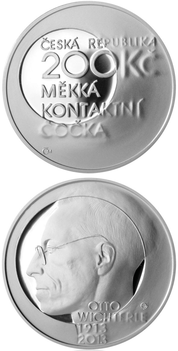 Image of 200 koruna coin - Birth of inventor and chemist Otto Wichterle | Czech Republic 2013.  The Silver coin is of Proof, BU quality.