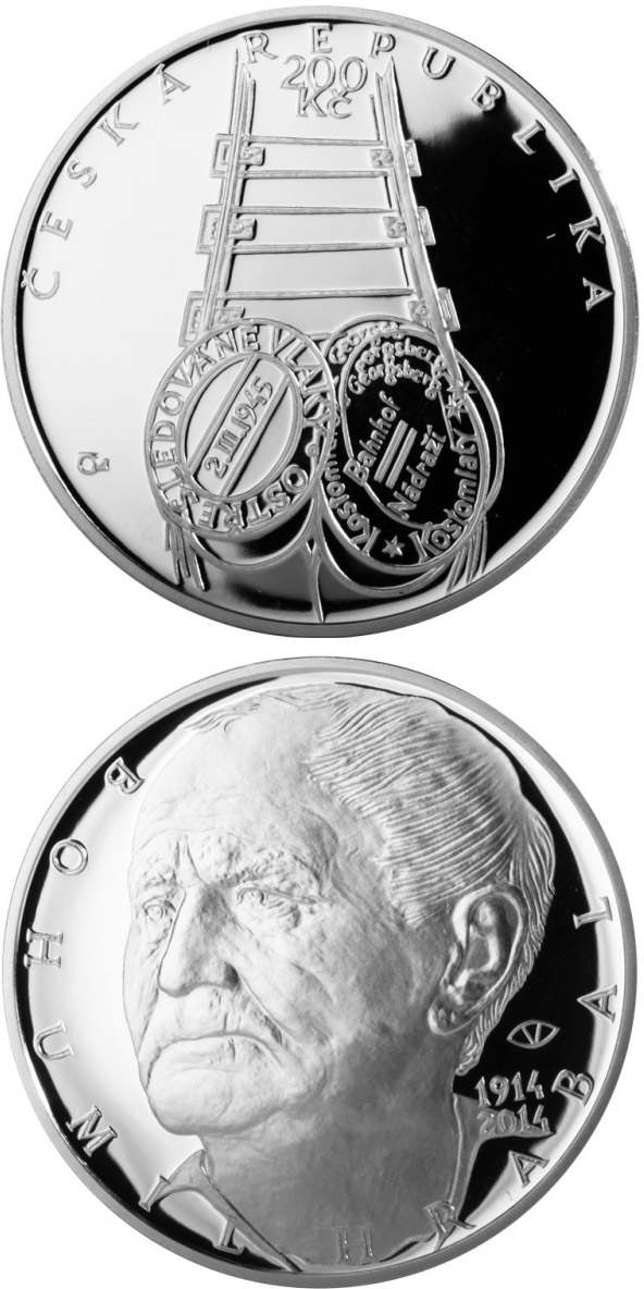Image of 200 koruna coin - Birth of writer Bohumil Hrabal | Czech Republic 2014.  The Silver coin is of Proof, BU quality.
