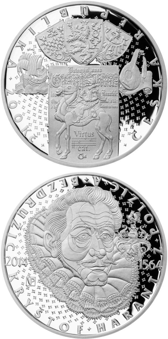 Image of 200 koruna coin - Birth of Czech nobleman Kryštof Harant z Polžic a Bezdružic | Czech Republic 2014.  The Silver coin is of Proof, BU quality.
