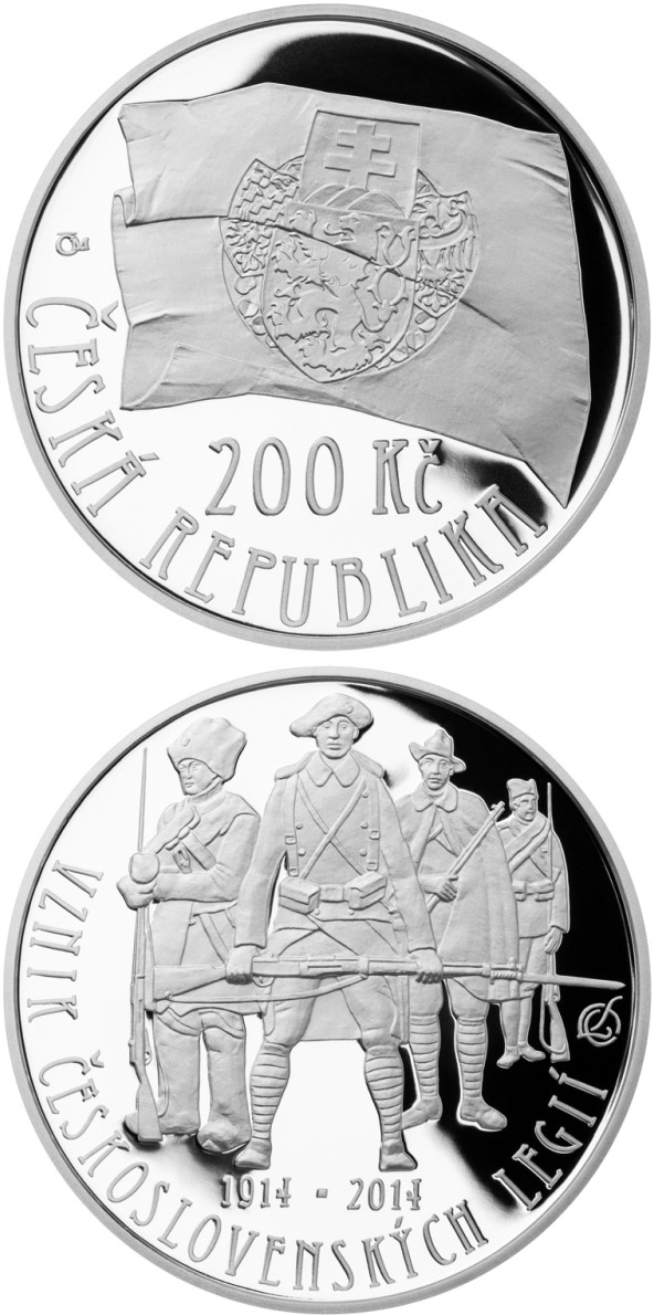 Image of 200 koruna coin - Foundation of Czechoslovak legions | Czech Republic 2014.  The Silver coin is of Proof, BU quality.