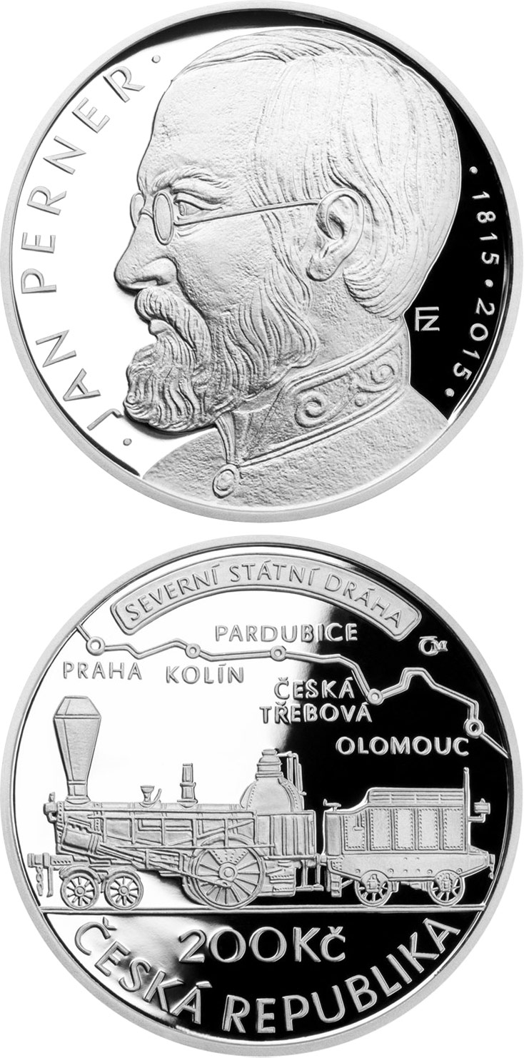 Image of 200 koruna coin - Birth of engineer Jan Perner | Czech Republic 2015.  The Silver coin is of Proof, BU quality.