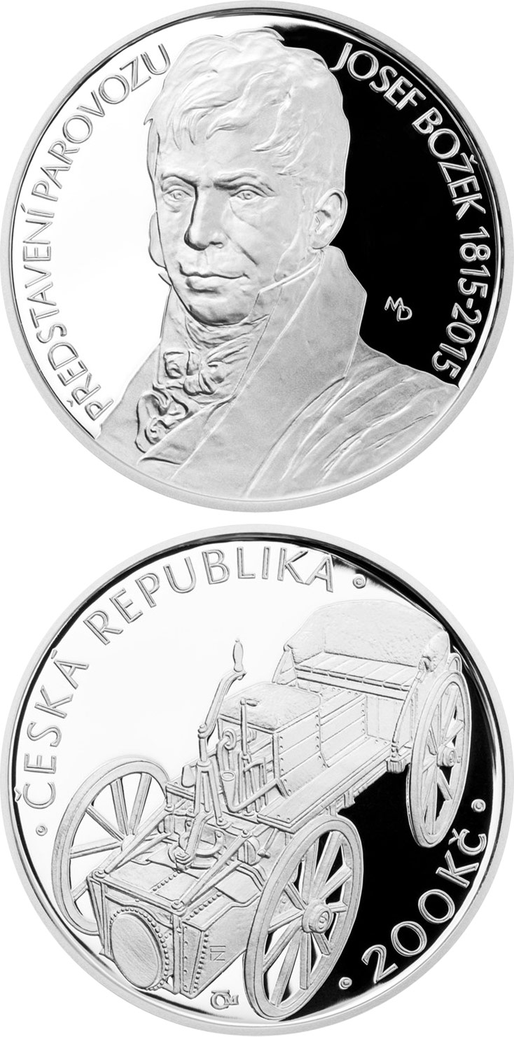 Image of 200 koruna coin - Josef Božek presents his steam car | Czech Republic 2015.  The Silver coin is of Proof, BU quality.