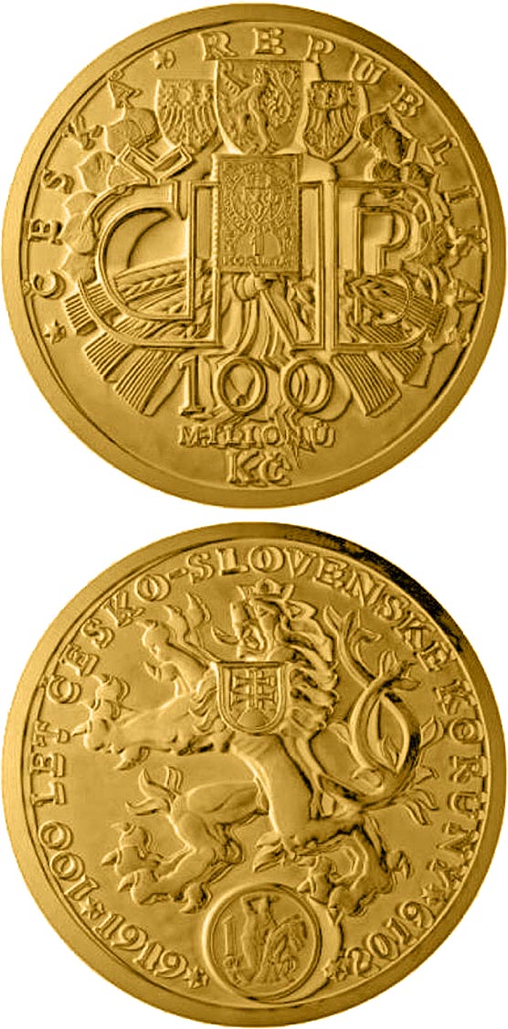 Image of 100000000 koruna coin - 100 Year of Czechoslovak Currency | Czech Republic 2019
