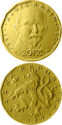 Image of 20 koruna coin - Alois Rašín | Czech Republic 2019.  The Brass coin is of UNC quality.