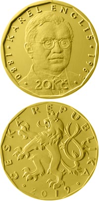 Image of 20 koruna coin - Karel Engliš | Czech Republic 2019.  The Brass coin is of UNC quality.