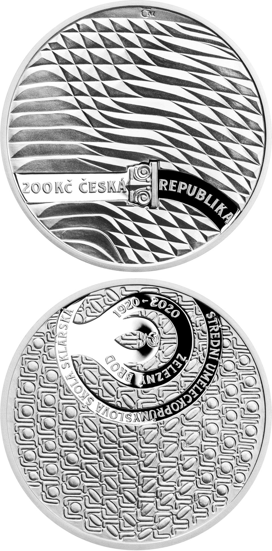 Image of 200 koruna coin - Foundation of the High School of Applied Arts for Glassmaking in Železný Brod | Czech Republic 2020.  The Silver coin is of Proof, BU quality.