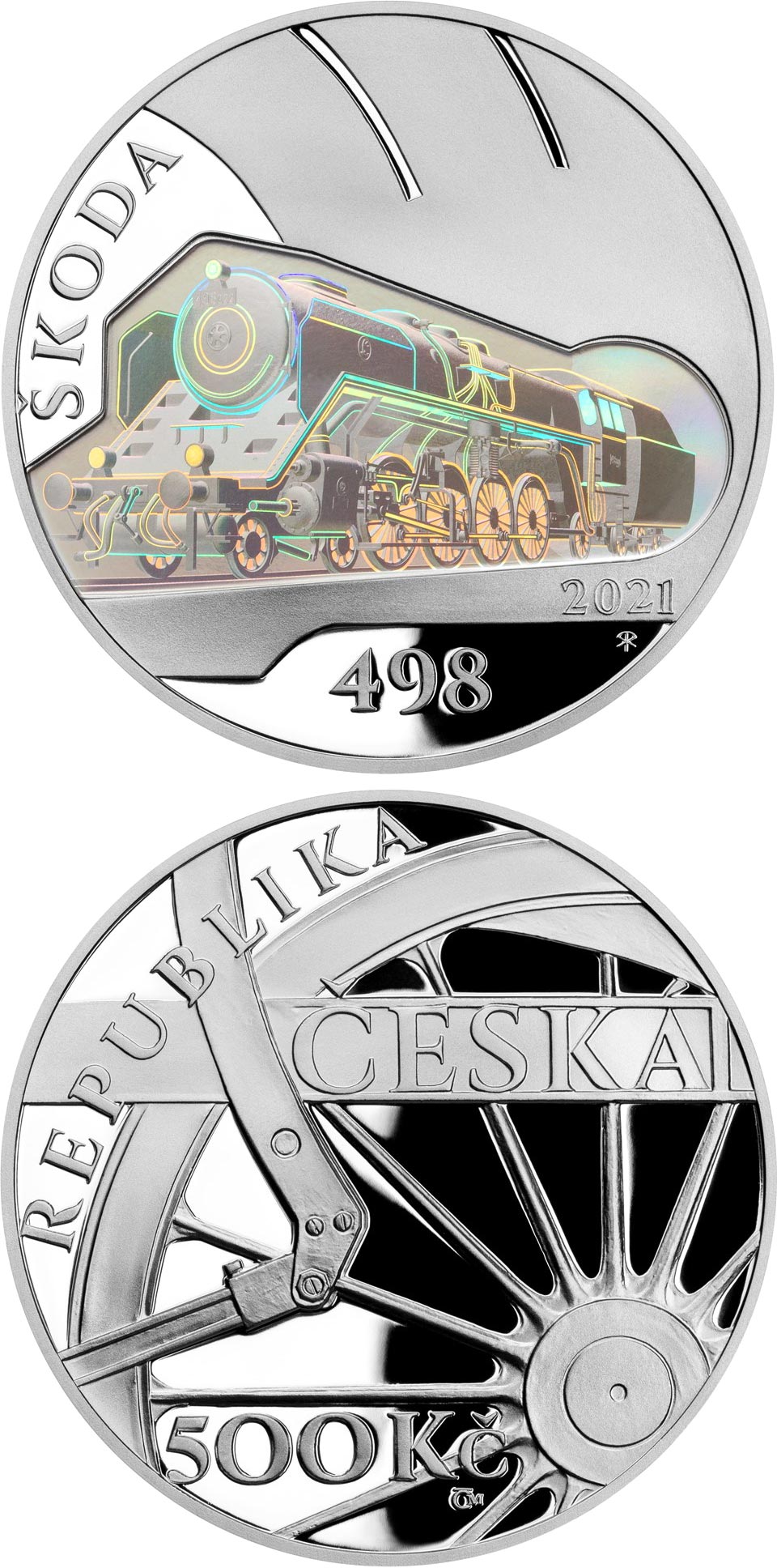 Image of 500 koruna coin - Škoda 498 Albatros steam locomotive | Czech Republic 2021.  The Silver coin is of Proof, BU quality.