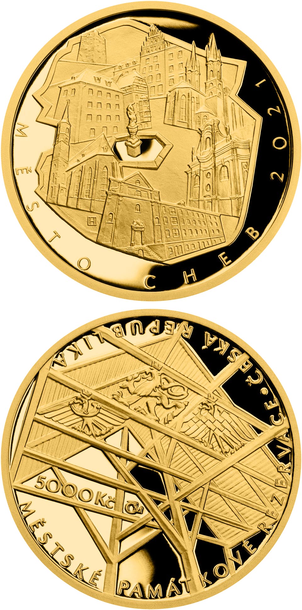 Image of 5000 koruna coin - Cheb | Czech Republic 2021.  The Gold coin is of Proof, BU quality.
