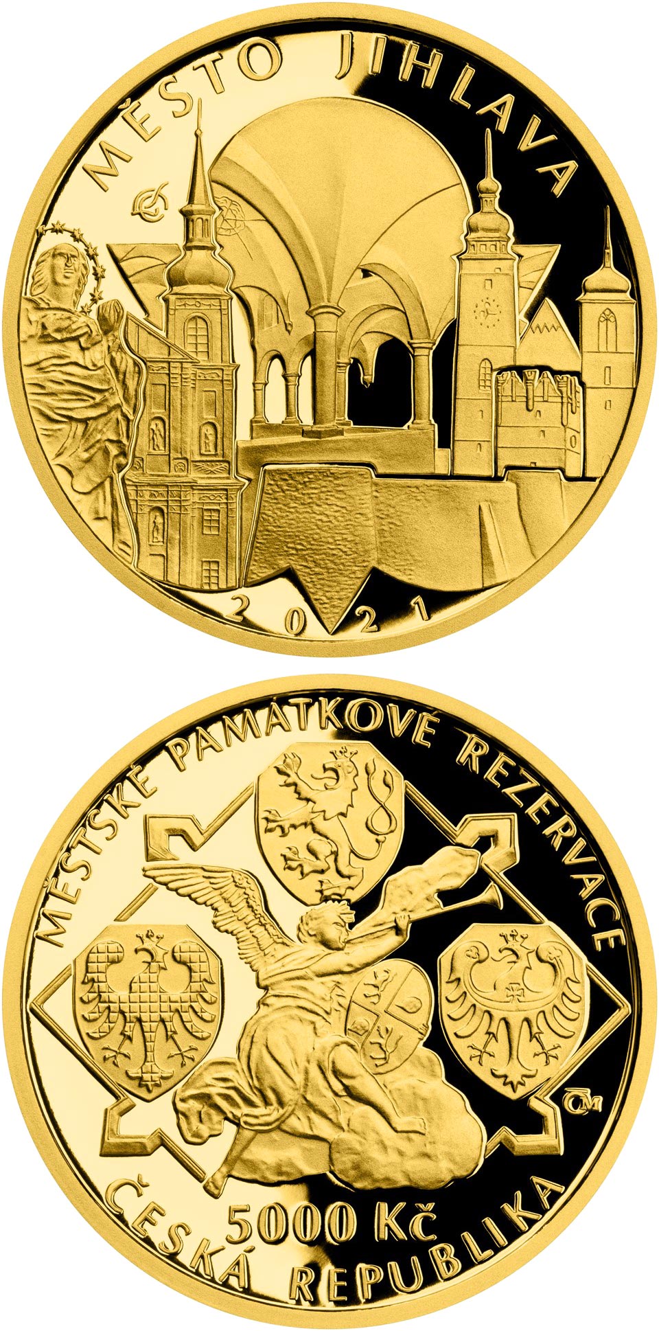 Image of 5000 koruna coin - Jihlava | Czech Republic 2021.  The Gold coin is of Proof, BU quality.