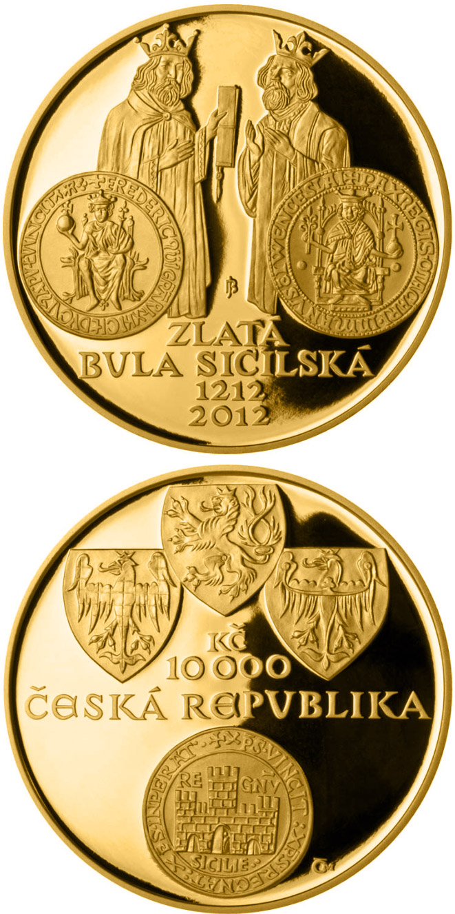 Image of 10000 koruna coin - Golden Bull of Sicily | Czech Republic 2012.  The Gold coin is of Proof, BU quality.