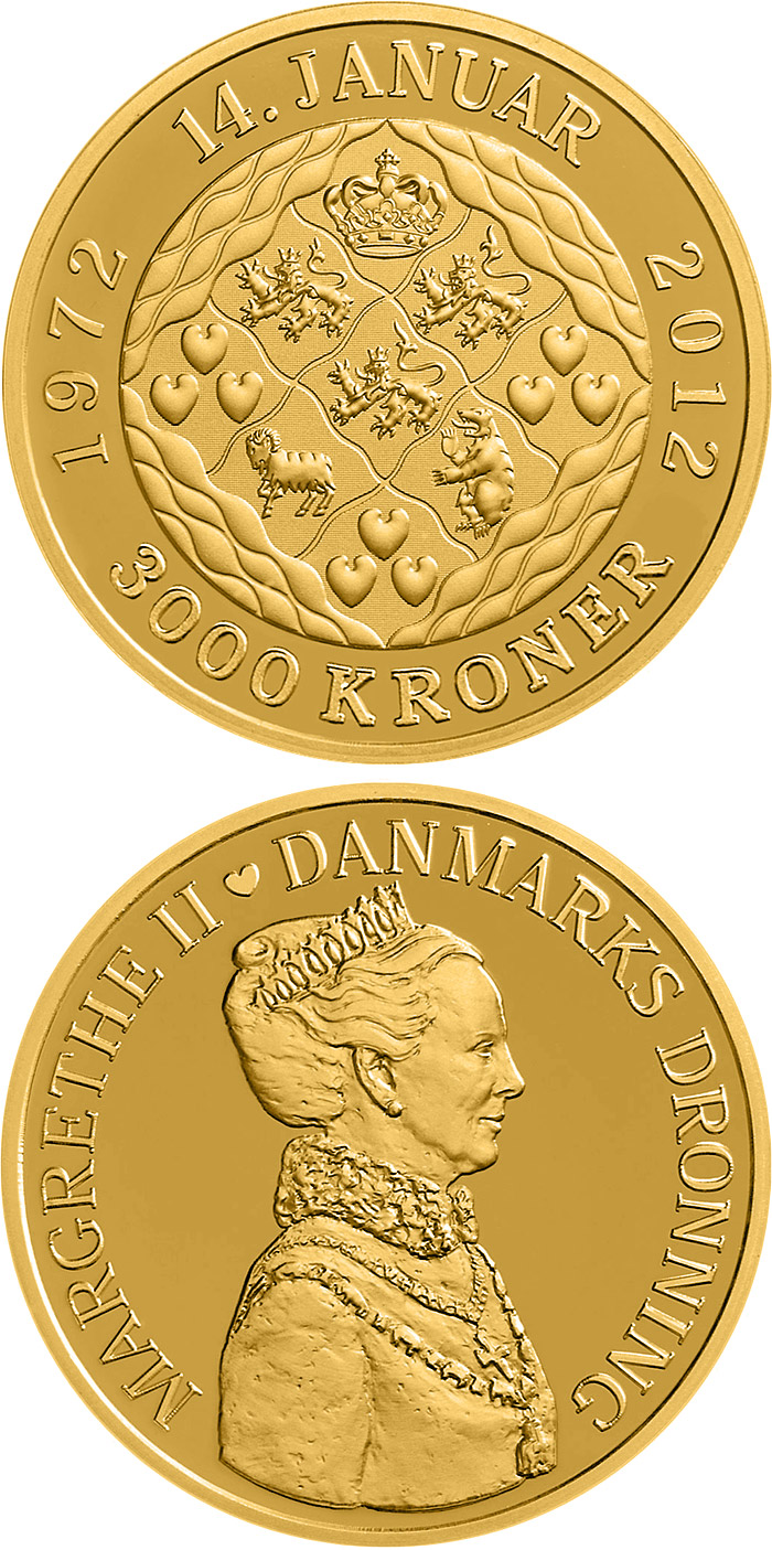 Image of 3000 krone coin - Queen Margrethe's 40th jubilee | Denmark 2012.  The Gold coin is of Proof quality.