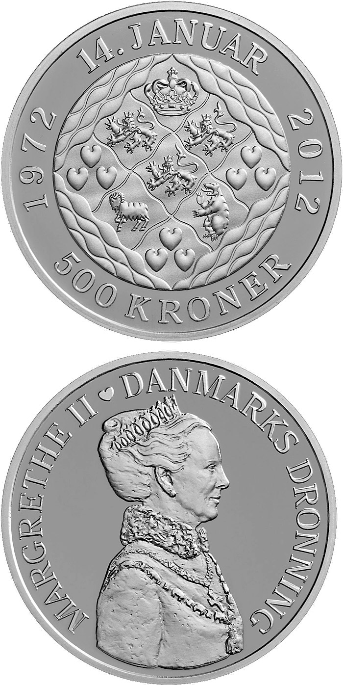 Image of 500 krone coin - Queen Margrethe's 40th jubilee | Denmark 2012.  The Silver coin is of Proof quality.