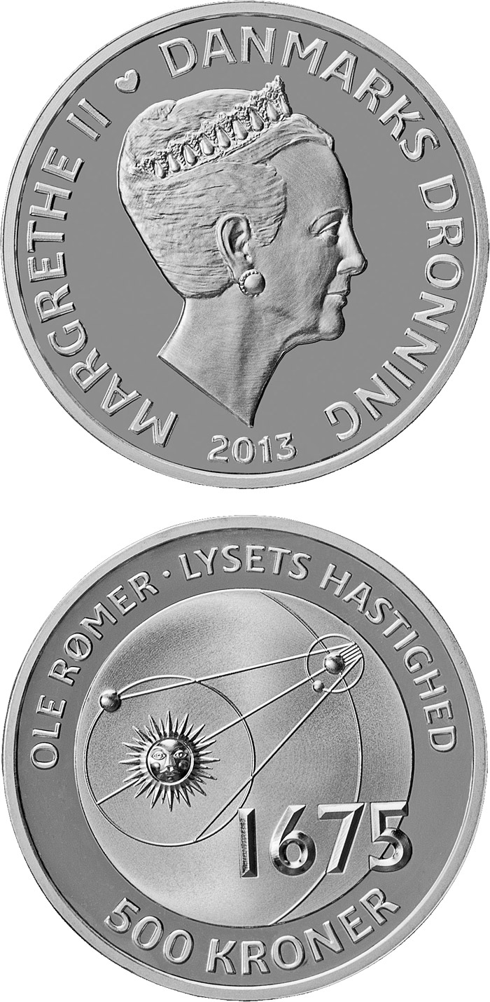Image of 500 krone coin - Ole Rømer - The speed of light | Denmark 2013.  The Silver coin is of Proof quality.