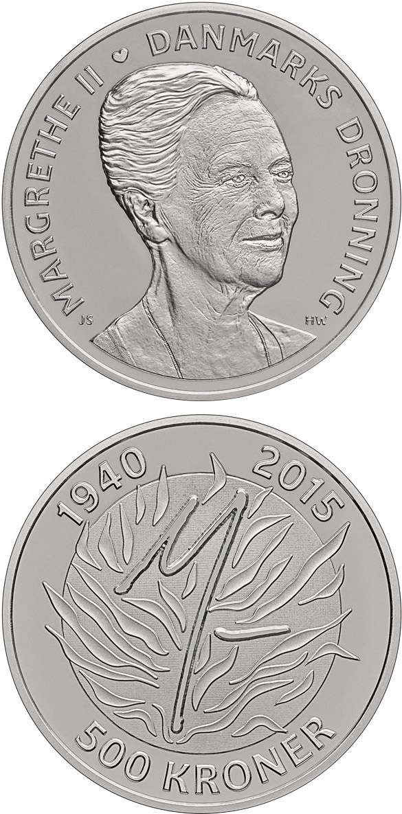 Image of 500 krone coin - Queen Margrethe II´s 75th birthday | Denmark 2015.  The Silver coin is of Proof quality.