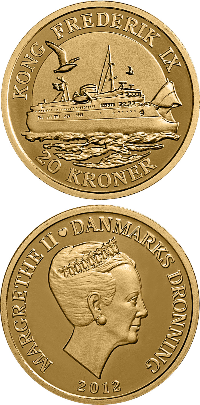 Image of 20 krone coin - Kong Frederik IX | Denmark 2012.  The Nordic gold (CuZnAl) coin is of Proof, BU, UNC quality.