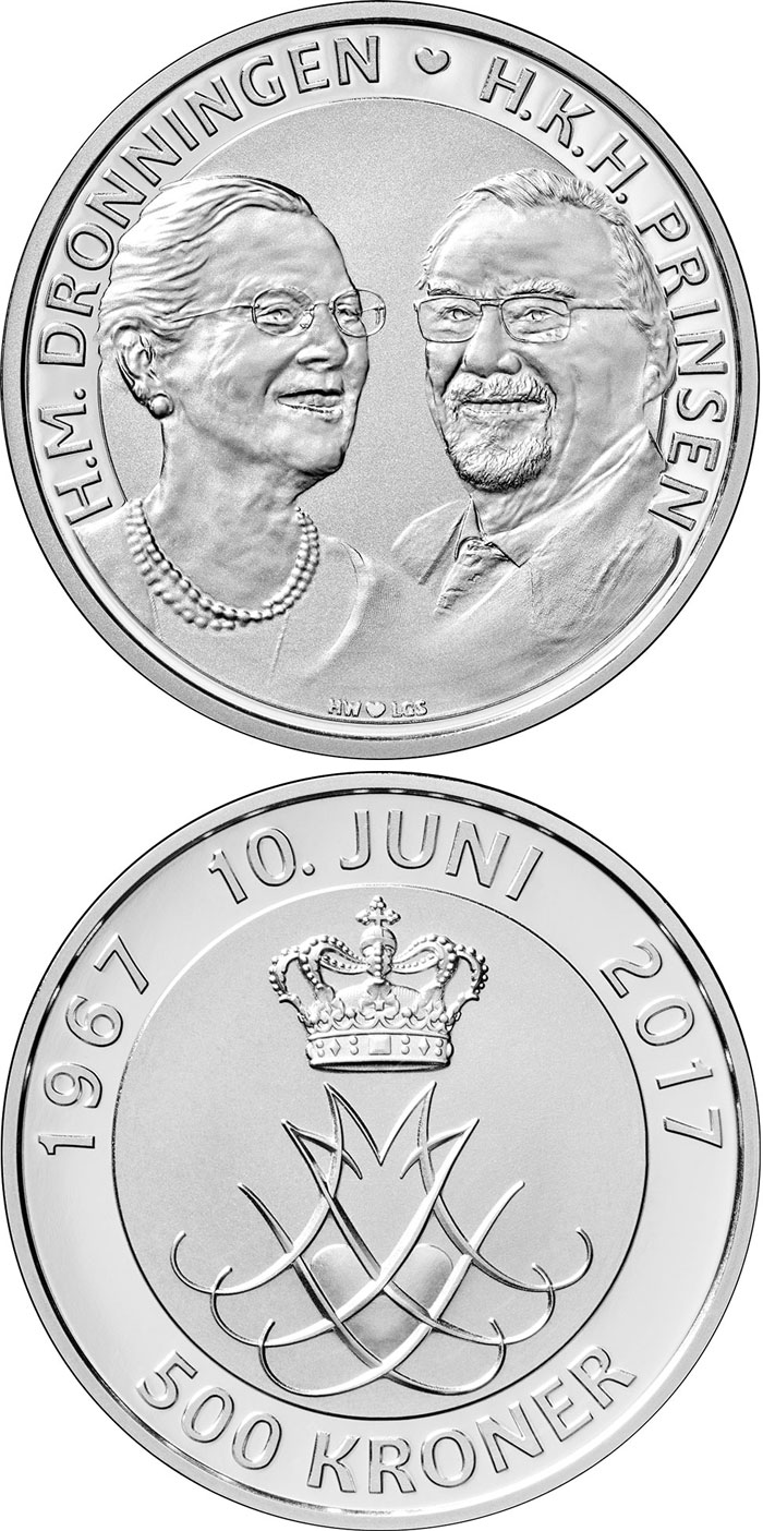 Image of 500 krone coin - Golden wedding anniversary | Denmark 2017.  The Silver coin is of Proof quality.