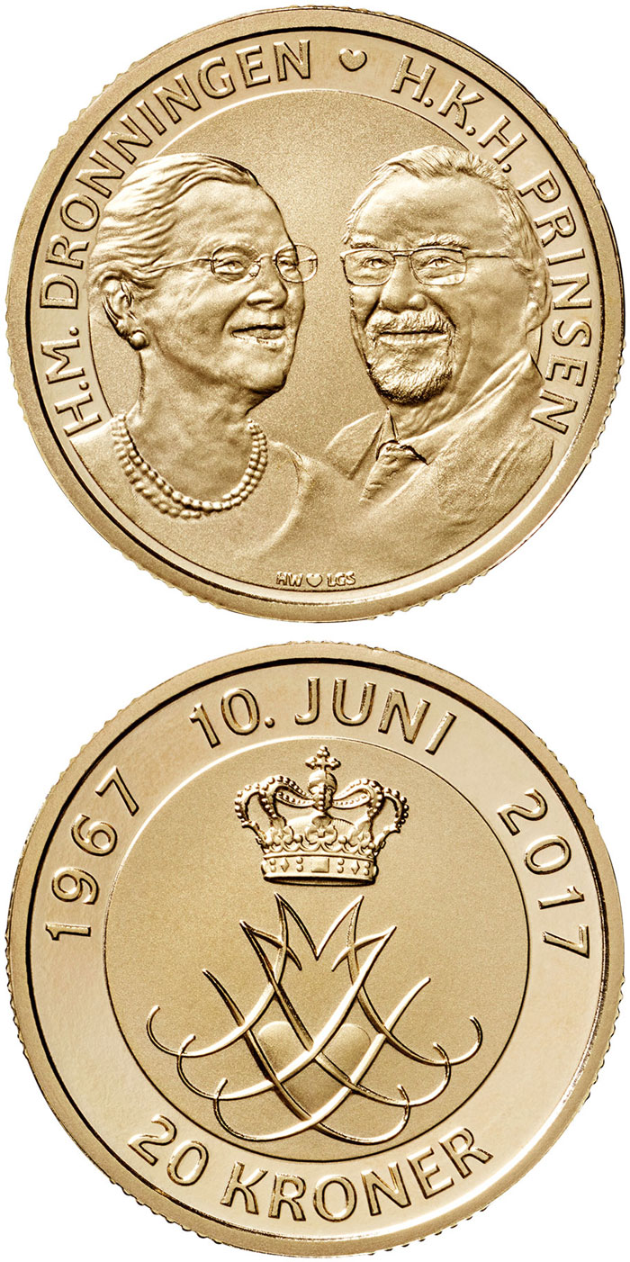 Image of 20 krone coin - Golden wedding anniversary | Denmark 2017.  The Gold coin is of Proof, UNC quality.