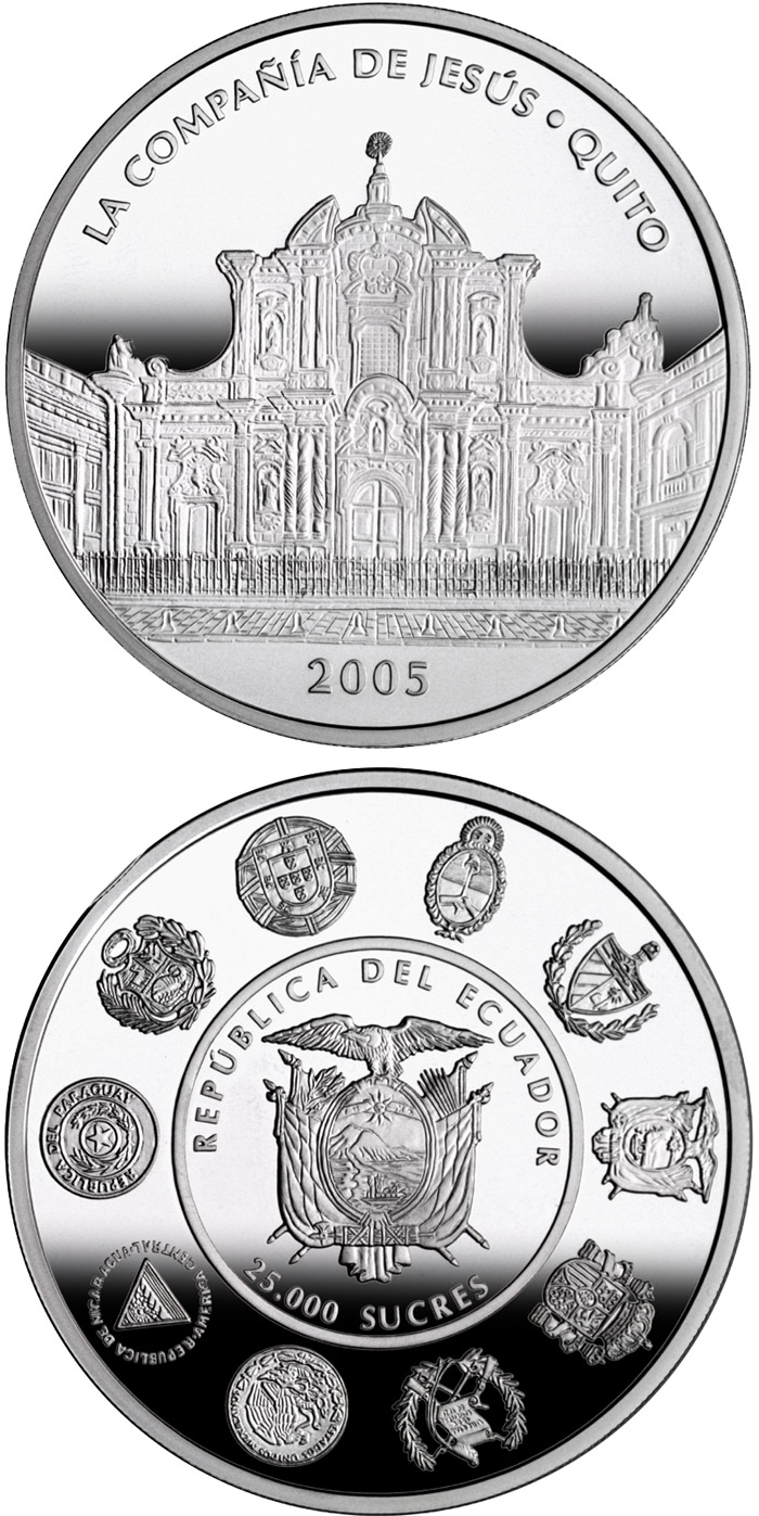 Image of 1 sucre coin - Architecture and Monuments – The Church of the Society of Jesus | Ecuador 2005.  The Silver coin is of Proof quality.
