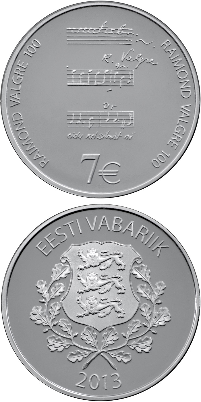 Image of 7 euro coin - 100th Anniversary of the Birth of Raimond Valgre | Estonia 2013.  The Silver coin is of Proof quality.