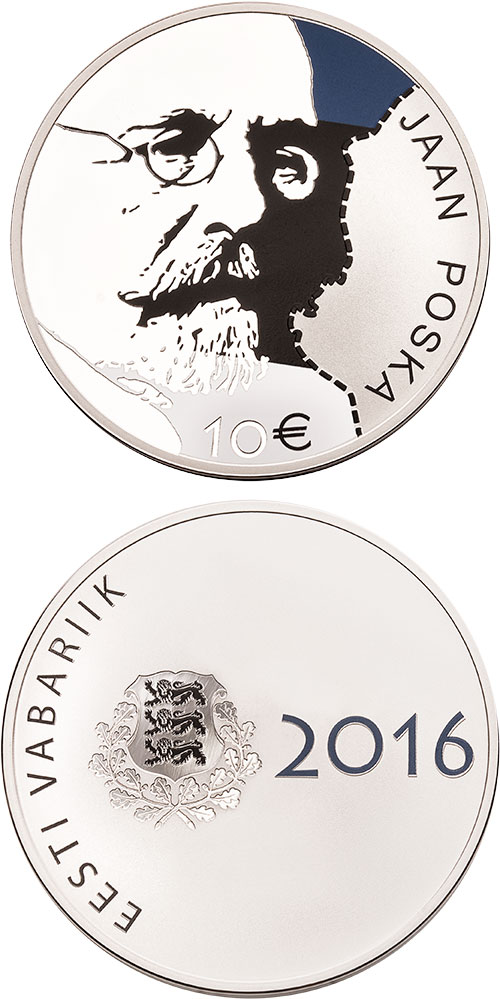Image of 10 euro coin - 150th Anniversary of the Birth of Jaan Posk | Estonia 2016.  The Silver coin is of Proof quality.