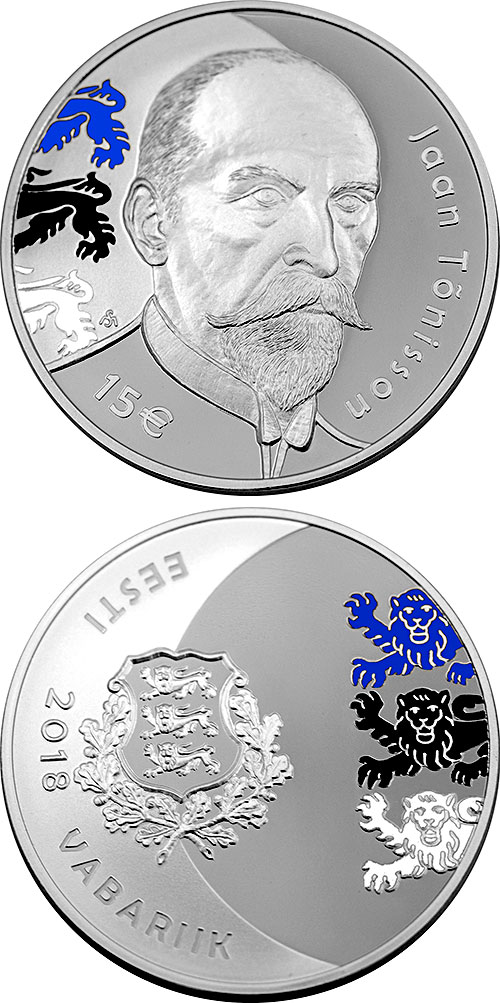 Image of 15 euro coin - 150th anniversary of the birth of Jaan Tõnisson | Estonia 2018.  The Silver coin is of Proof quality.