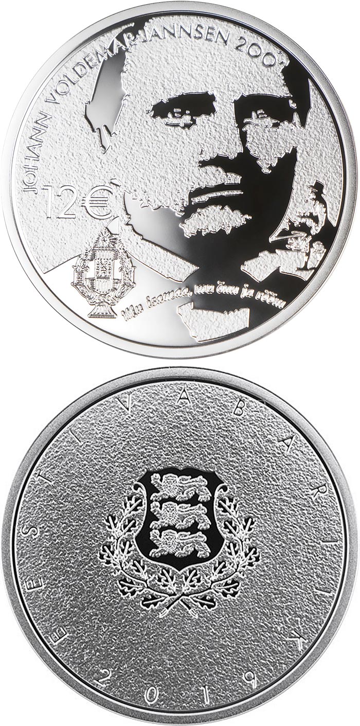 Image of 12 euro coin - 200th anniversary of the birth of Johann Voldemar Jannsen | Estonia 2019.  The Silver coin is of Proof quality.
