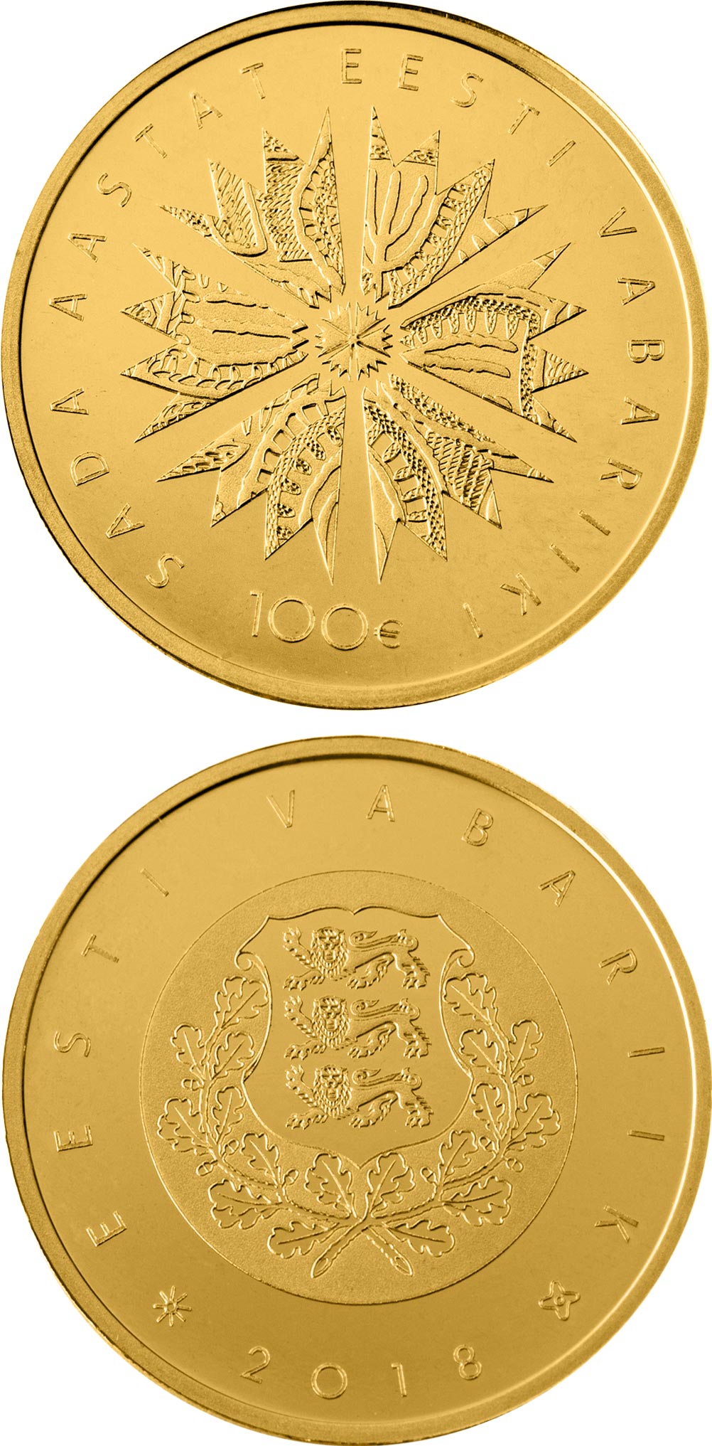 Image of 100 euro coin - 100th Anniversary of the Republic of Estonia | Estonia 2018.  The Gold coin is of Proof quality.
