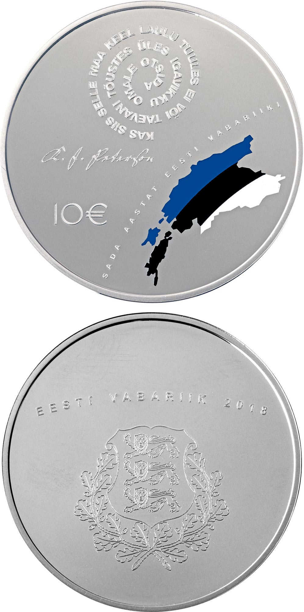 Image of 10 euro coin - 100th Anniversary of the Republic of Estonia | Estonia 2018.  The Silver coin is of Proof quality.