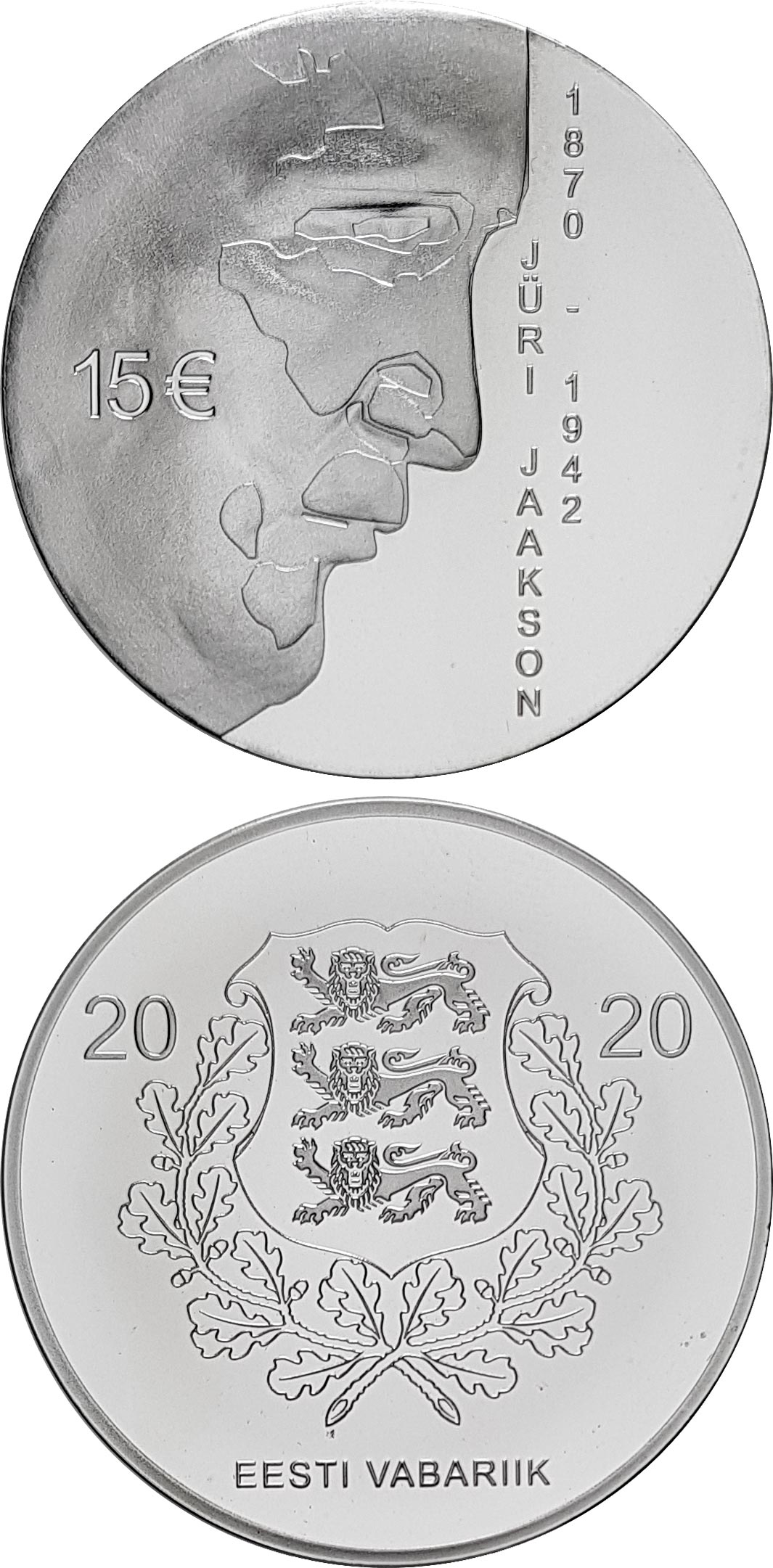 Image of 15 euro coin - 150th anniversary of the birth of Jüri Jaakson | Estonia 2020.  The Silver coin is of Proof quality.
