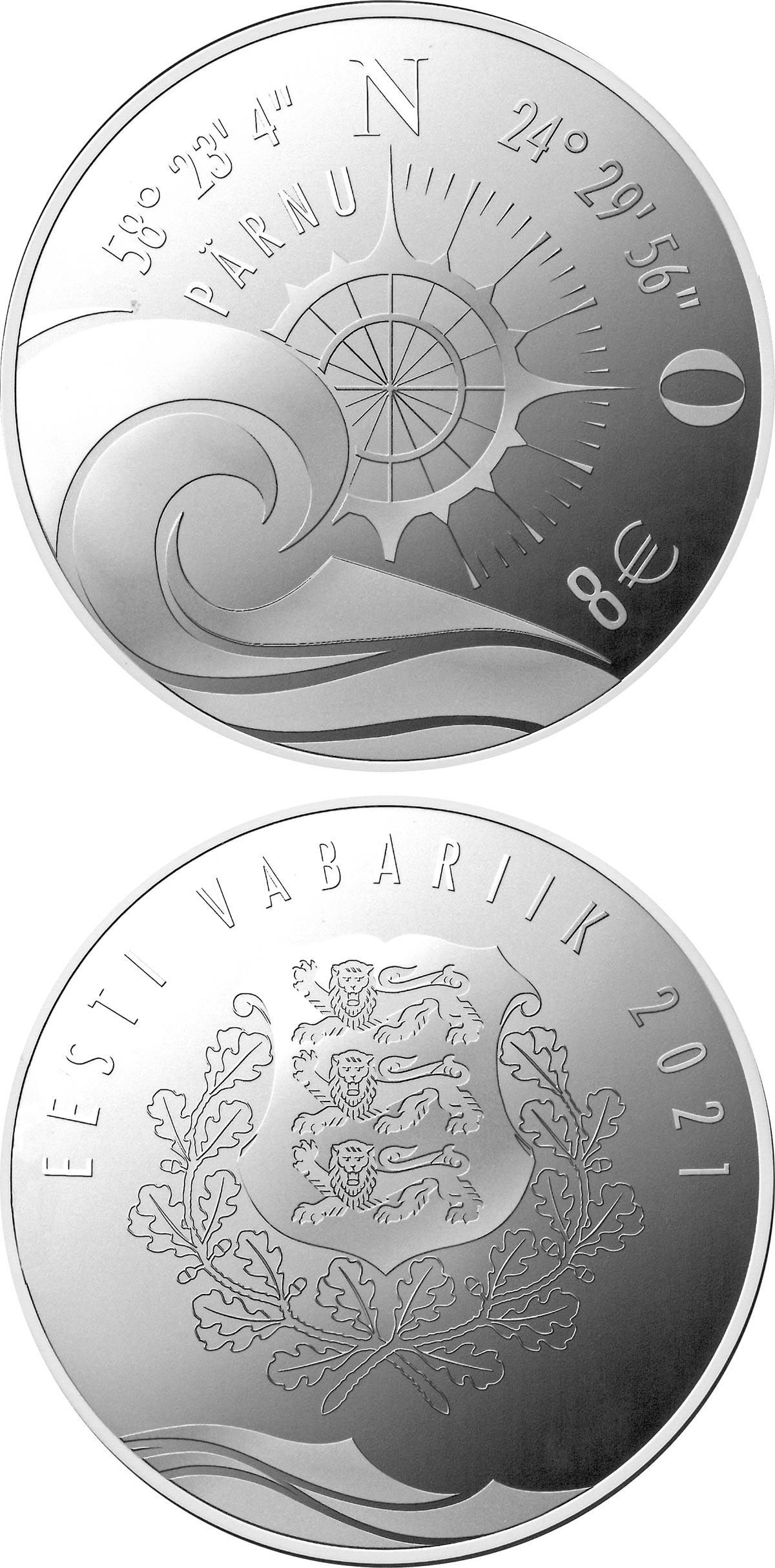 Image of 8 euro coin - Hanseatic Pärnu | Estonia 2021.  The Silver coin is of Proof quality.
