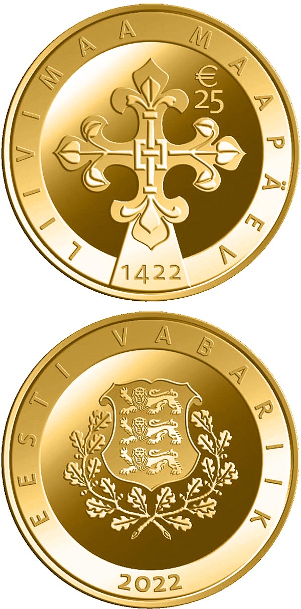 Image of 25 euro coin - The Livonian Diet | Estonia 2022.  The Gold coin is of Proof quality.