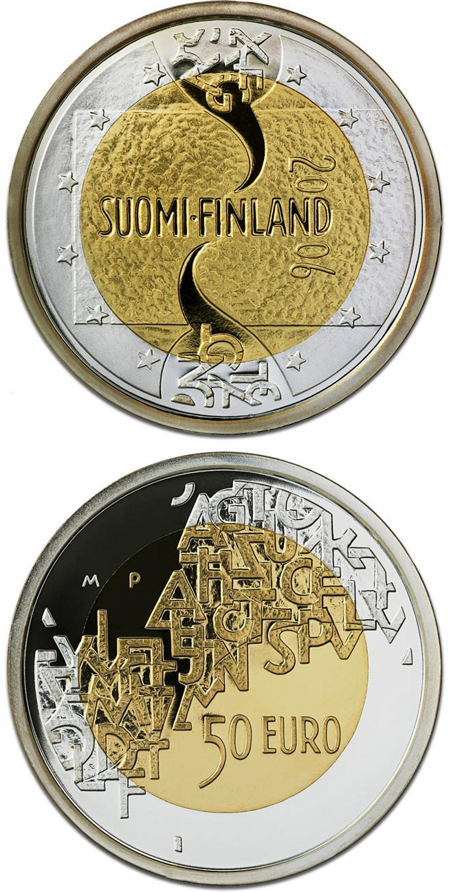 Image of 50 euro coin - Finnish EU Presidency  | Finland 2006.  The Bimetal: gold, silver coin is of Proof quality.