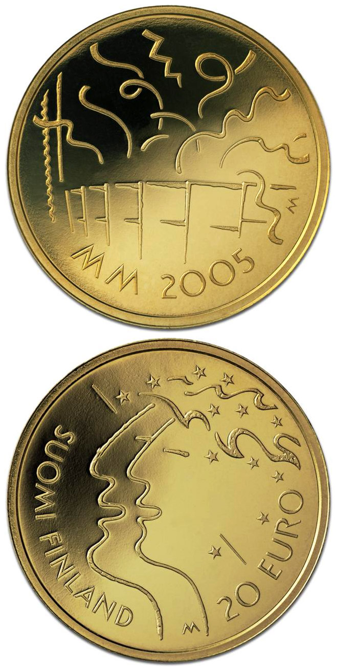 Image of 20 euro coin - 10th Athletics World Championships in Helsinki  | Finland 2005.  The Gold coin is of Proof quality.