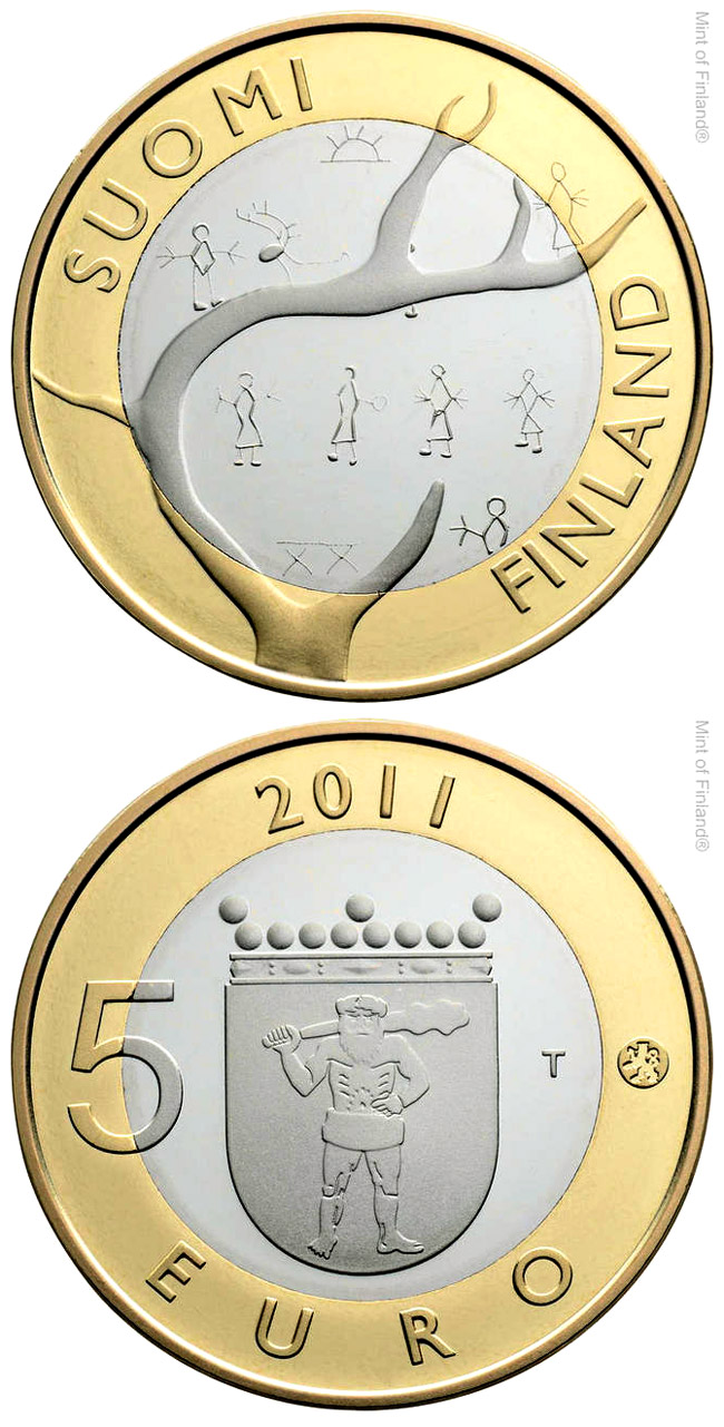 Image of 5 euro coin - Lapland Provincial Coin | Finland 2011.  The Bimetal: CuNi, nordic gold coin is of Proof, BU quality.