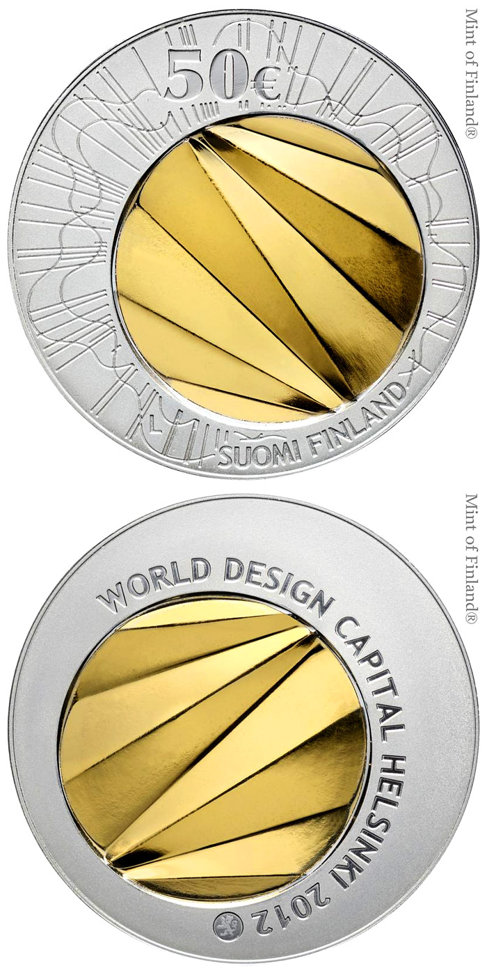 Image of 50 euro coin - World Design Capital Helsinki 2012 | Finland 2012.  The Bimetal: gold, silver coin is of BU quality.