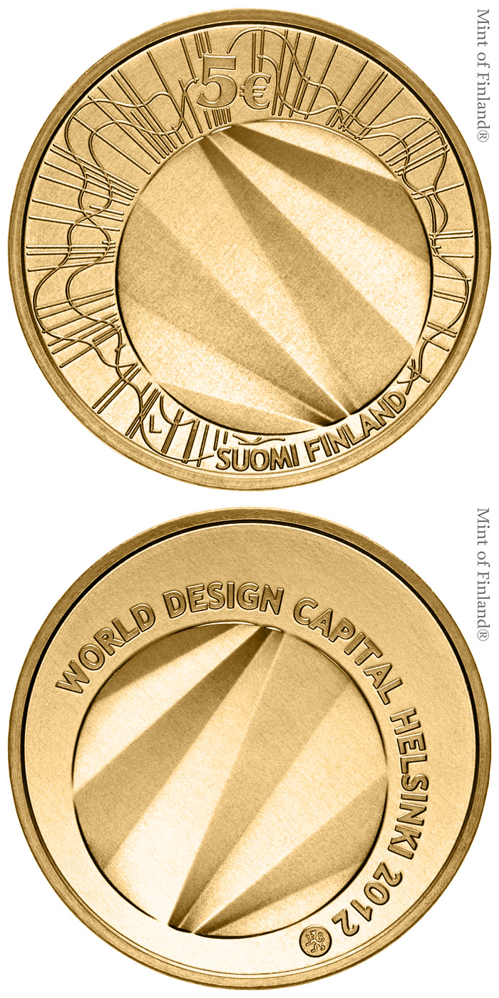 Image of 5 euro coin - World Design Capital Helsinki 2012 | Finland 2012.  The Nordic gold (CuZnAl) coin is of BU quality.
