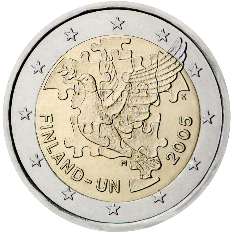 Image of 2 euro coin - 60th Anniversary of the Establishment of the United Nations and 50th Anniversary of Finland's UN Membership | Finland 2005