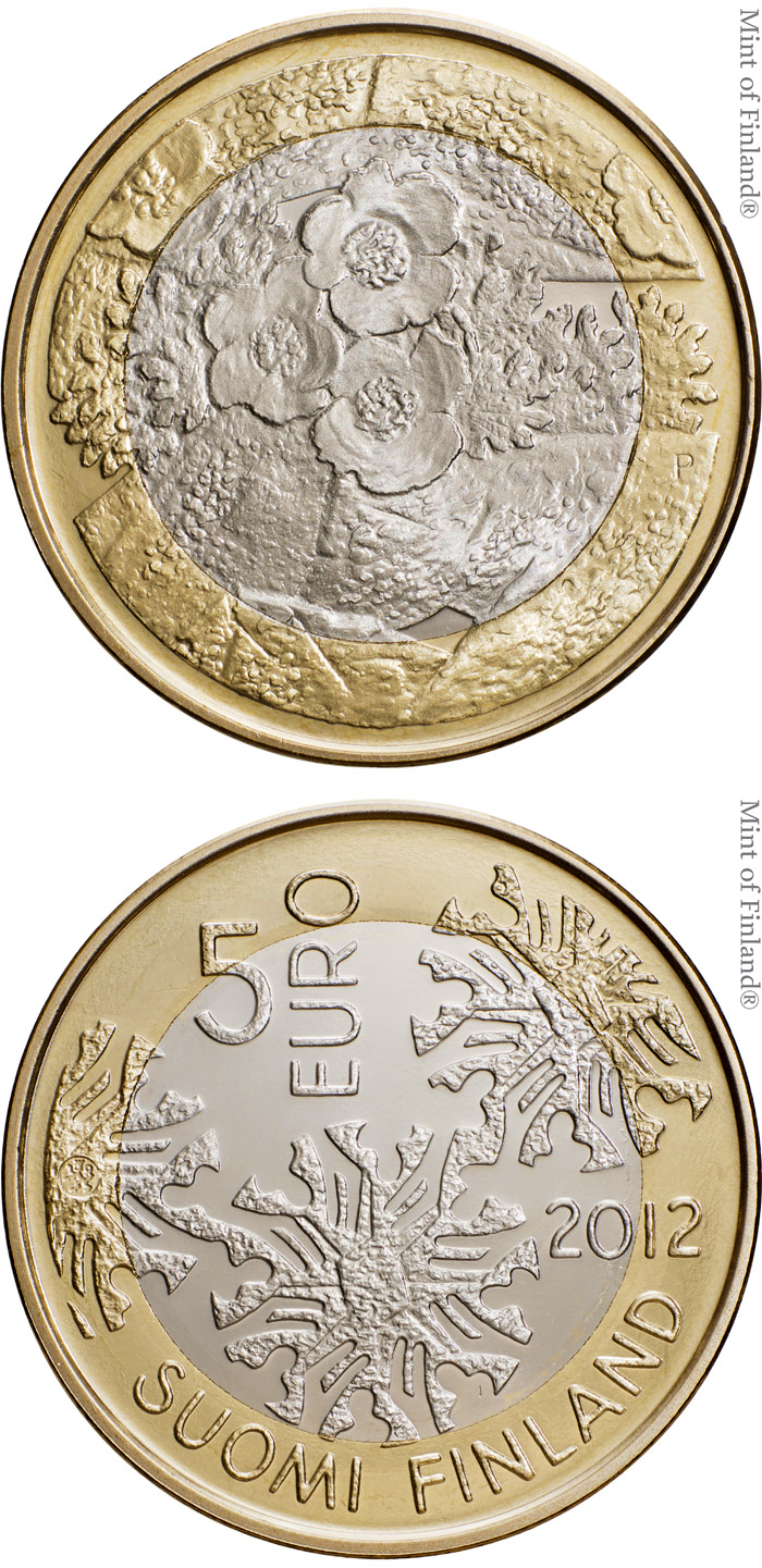 Image of 5 euro coin - Flora | Finland 2012.  The Bimetal: CuNi, nordic gold coin is of Proof, UNC quality.