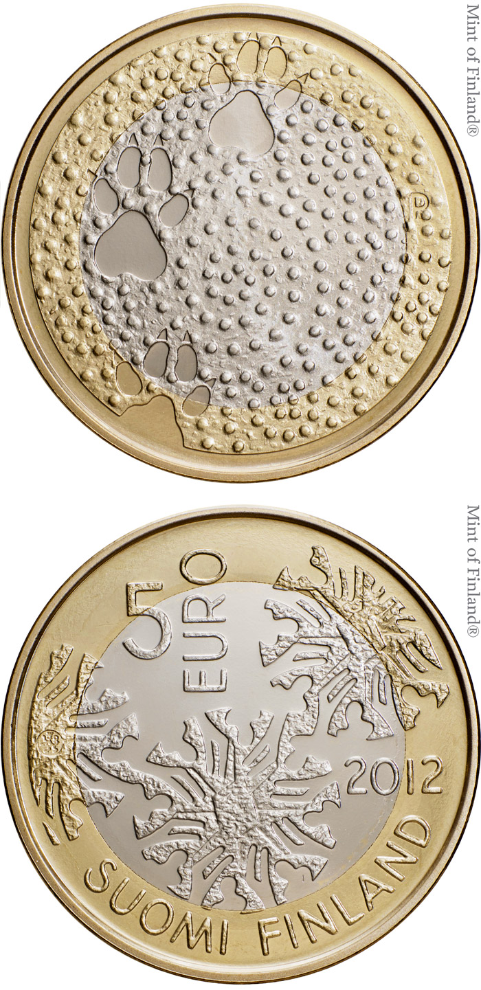 Image of 5 euro coin - Fauna | Finland 2012.  The Bimetal: CuNi, nordic gold coin is of Proof, UNC quality.