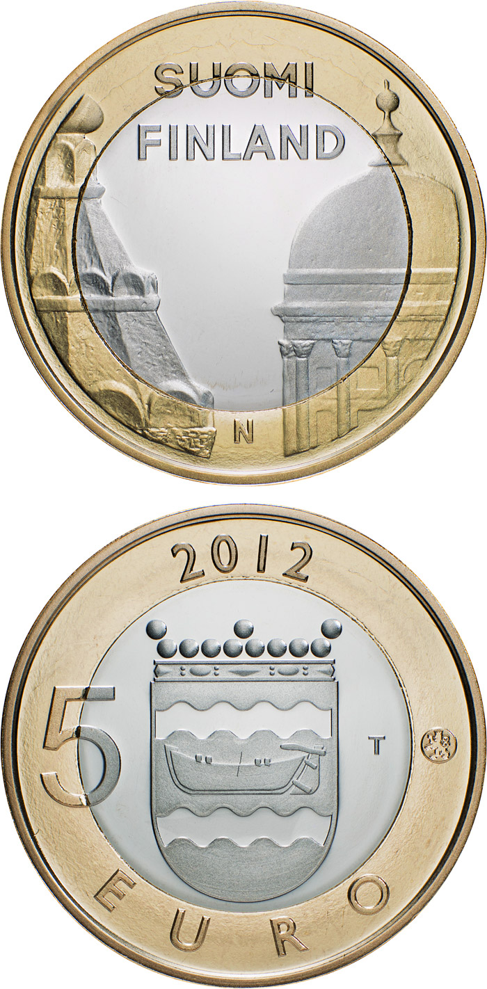Image of 5 euro coin - Uusimaa: Helsinki Cathedrals and Uspenski Cathedrals | Finland 2012.  The Bimetal: CuNi, nordic gold coin is of Proof, BU quality.