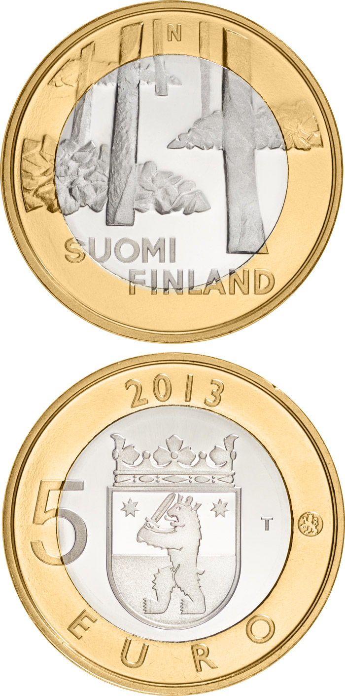 Image of 5 euro coin - Satakunta: Sammallahdenmäki | Finland 2013.  The Bimetal: CuNi, nordic gold coin is of Proof, BU quality.