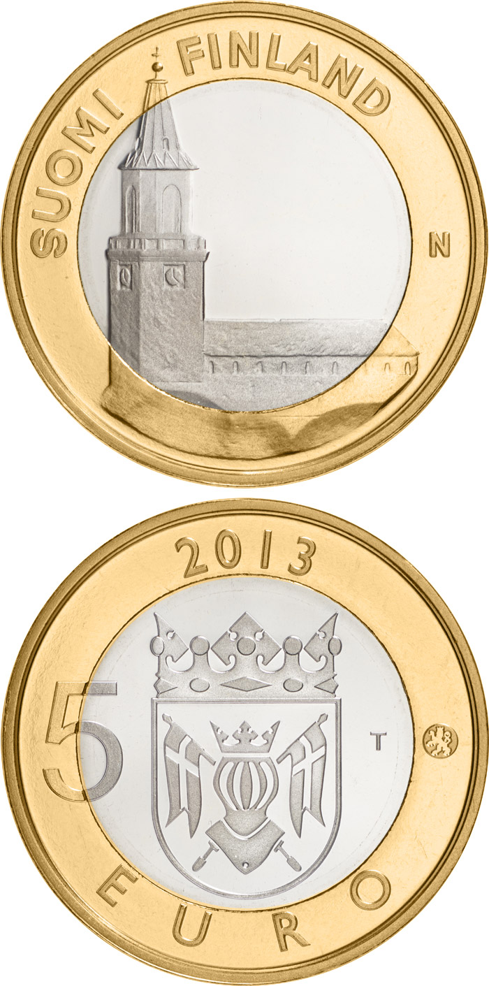 Image of 5 euro coin - Finland Proper: Turku Cathedral | Finland 2013.  The Bimetal: CuNi, nordic gold coin is of Proof, BU quality.
