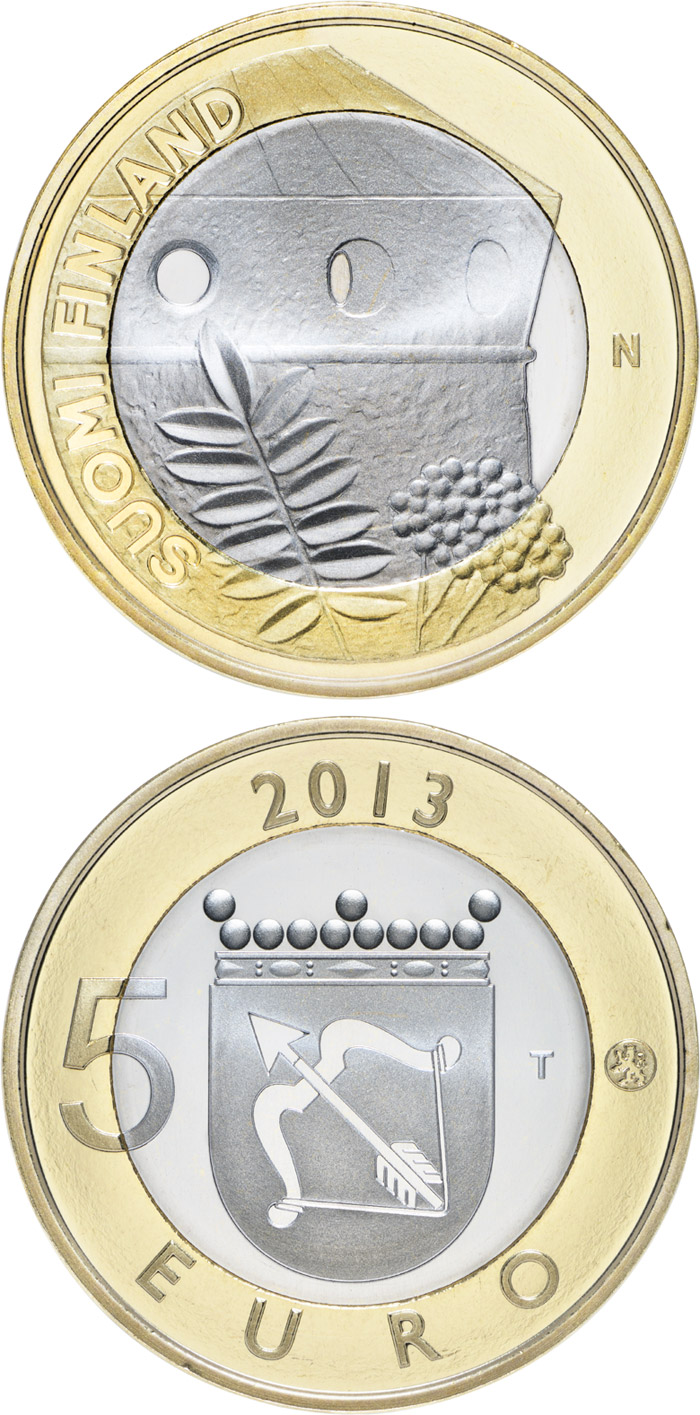 Image of 5 euro coin - Savonia: St. Olaf's Castle | Finland 2013.  The Bimetal: CuNi, nordic gold coin is of Proof, BU quality.