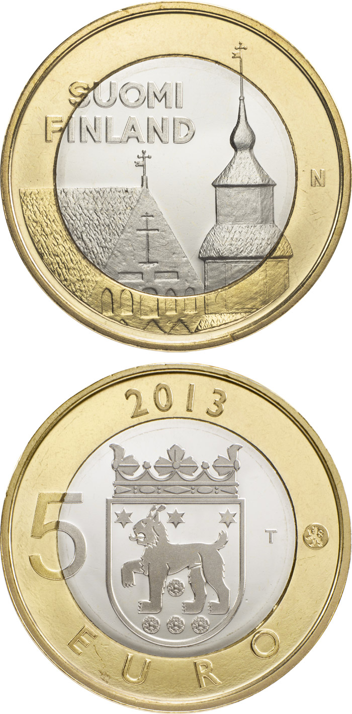 Image of 5 euro coin - Tavastia: Häme | Finland 2013.  The Bimetal: CuNi, nordic gold coin is of Proof, BU quality.