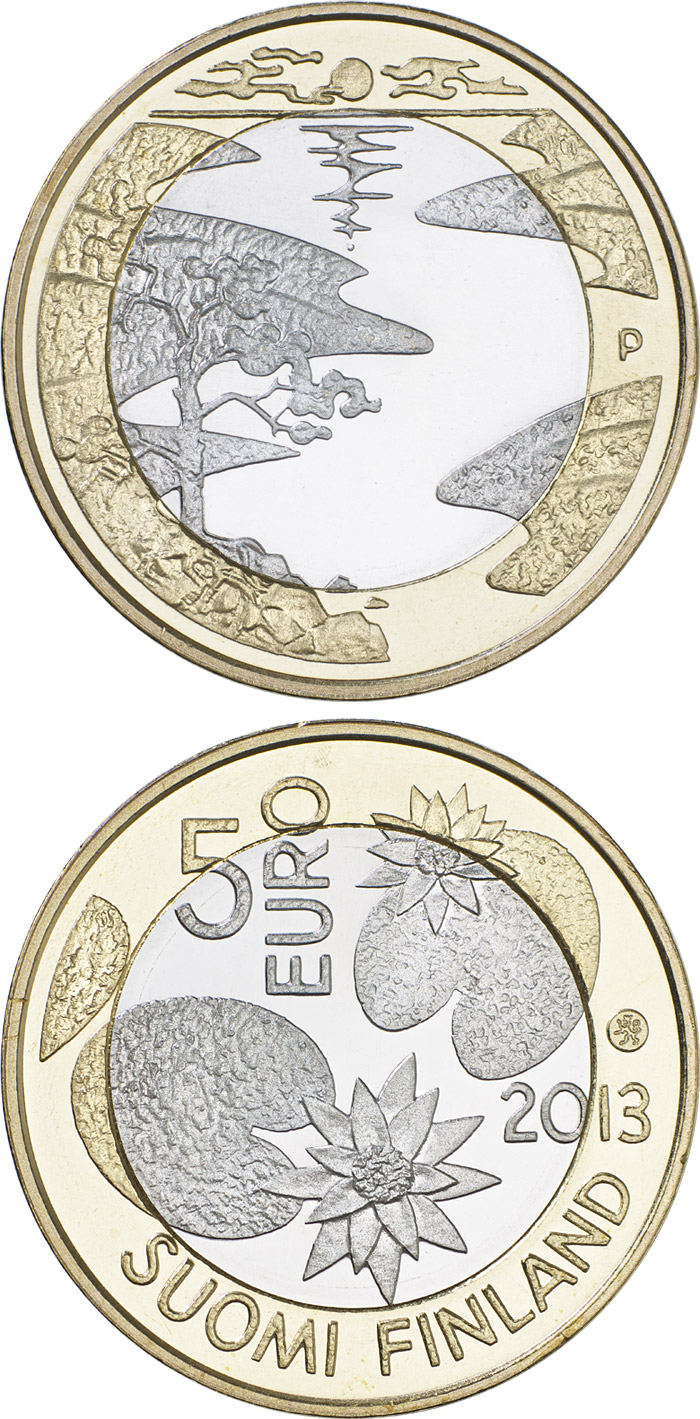 Image of 5 euro coin - Northern Nature - Summer | Finland 2013.  The Bimetal: CuNi, nordic gold coin is of Proof, UNC quality.