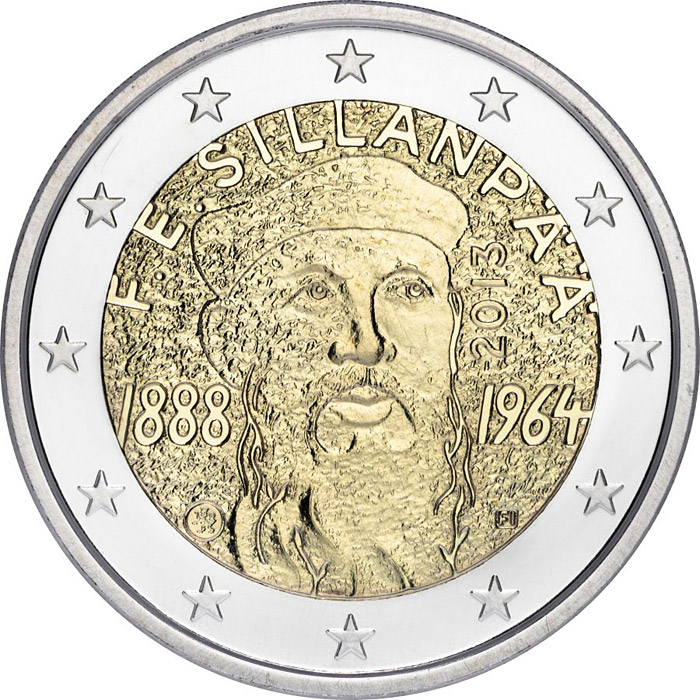 Image of 2 euro coin - 125th Anniversary of the birth of Nobel prize winning author F.E.Sillanpaa | Finland 2013