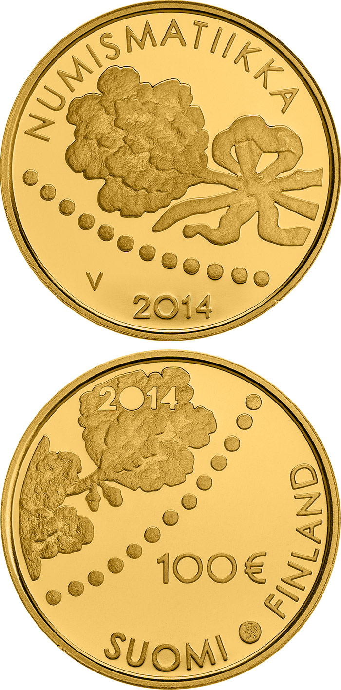 Image of 100 euro coin - 150 years of Finnish Mark and Numismatics  | Finland 2014.  The Gold coin is of Proof quality.