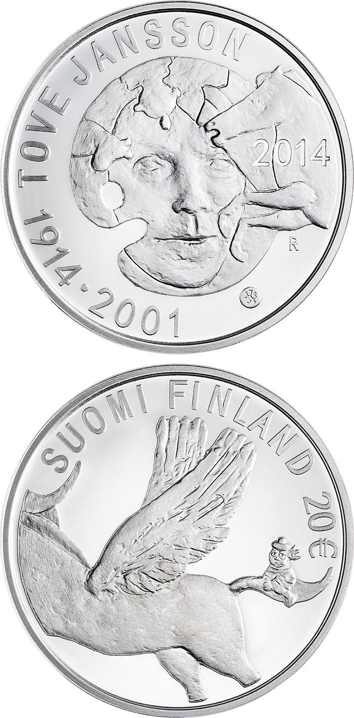 Image of 20 euro coin - 100th Anniversary of the Birth of Tove Jansson | Finland 2014.  The Silver coin is of Proof, BU quality.