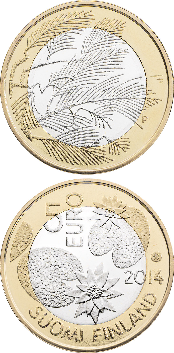 Image of 5 euro coin - Northern Nature – Wilderness | Finland 2014.  The Bimetal: CuNi, nordic gold coin is of Proof, UNC quality.